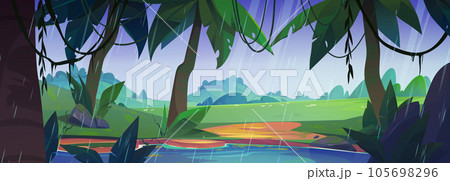 Rain in tropical forest with lake 105698296