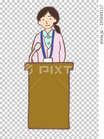 マイクで講演をする介護保険のケアマネジャーのイラスト マイクで講演をする介護保険のケアマネジャーのイラスト 105699117