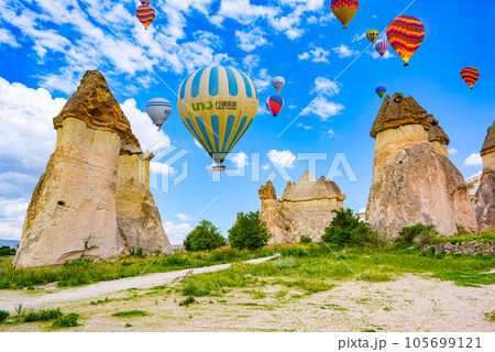 Cappadocia, Turkiye - July 07, 2023-Air balloons place in Cappadocia-Fairy Chimneys (Pasabag Valley). 105699121