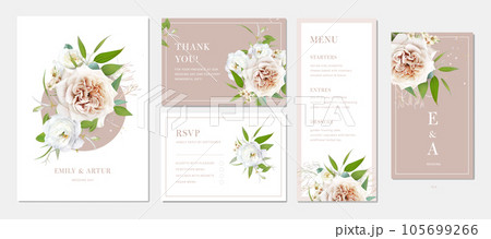 Wedding invitation, digital invite, rsvp, thank you, menu card design. Neutral flowers bouquet. Beige ivory rose, white eustoma, greenery eucalyptus leaves. Editable vector watercolor illustration set 105699266