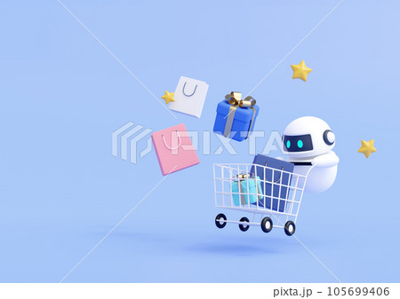 3DCG｜おすすめ商品をショッピングカートに入れて買い物をする人工知能AIロボット 105699406