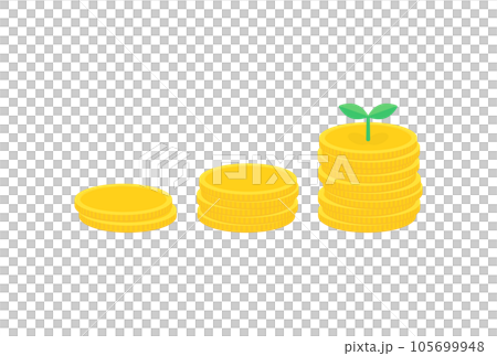 右肩上がりに増える積み重なったコイン・硬貨と新芽 - お金が増える・貯金・利益のイメージの素材 右肩上がりに増える積み重なったコイン・硬貨と新芽 - お金が増える・貯金・利益のイメージの素材 105699948