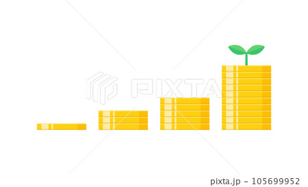 右肩上がりに増える積み重なったコイン・硬貨と新芽 - お金が増える・貯金・利益のイメージの素材 右肩上がりに増える積み重なったコイン・硬貨と新芽 - お金が増える・貯金・利益のイメージの素材 105699952