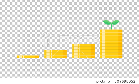 右肩上がりに増える積み重なったコイン・硬貨と新芽 - お金が増える・貯金・利益のイメージの素材 右肩上がりに増える積み重なったコイン・硬貨と新芽 - お金が増える・貯金・利益のイメージの素材 105699952