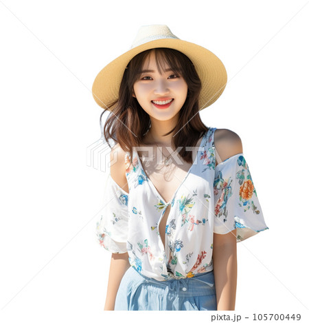 麦わら帽子の笑う女性 105700449