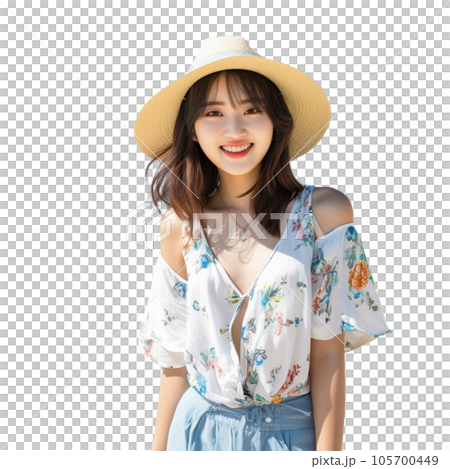 麦わら帽子の笑う女性 105700449