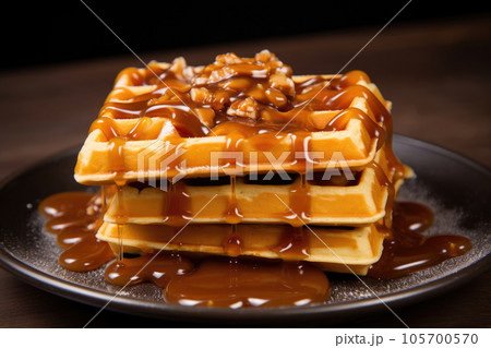 Viennese waffles with caramel syrup and nuts 105700570