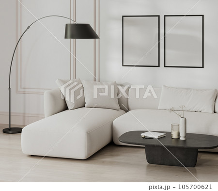 blank poster frame mock up in living room interior in black and white, french style with moldings, white sofa and wall, 3d rendering blank poster frame mock up in living room interior in black and white, french style with moldings, white sofa and wall, 3d rendering 105700621