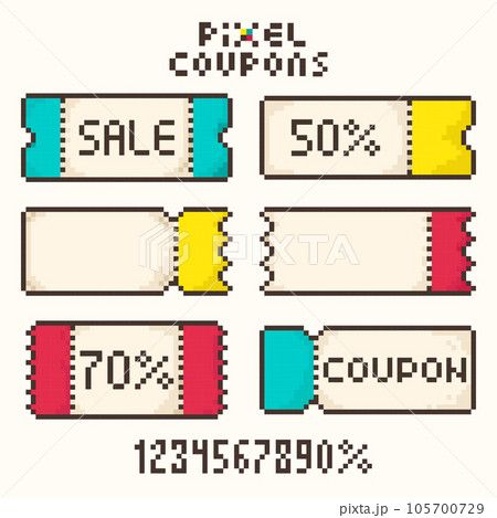 Set of pixel coupons.Sale ticket template, discount,bright 8-bit coupon. Vector illustration 105700729