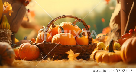 Autumn background. A composition of ripe pumpkins lying in a wooden basket. 300 DPI. Generated by artificial intelligence. 105702517