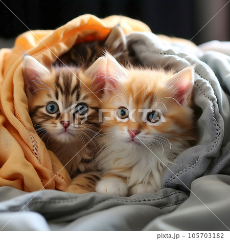 A group of charming and adorable kittens nestled together in a comfortable blanket fortress. A group of charming and adorable kittens nestled together in a comfortable blanket fortress. 105703182