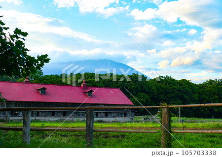 小岩井農場の夏の日暮れ時 赤い屋根の牛舎と岩手山のある小岩井農場 小岩井農場の夏の日暮れ時 赤い屋根の牛舎と岩手山のある小岩井農場 105703338