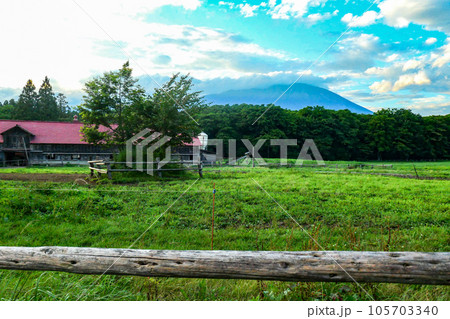 小岩井農場の夏の日暮れ時 赤い屋根の牛舎と岩手山のある小岩井農場 小岩井農場の夏の日暮れ時 赤い屋根の牛舎と岩手山のある小岩井農場 105703340