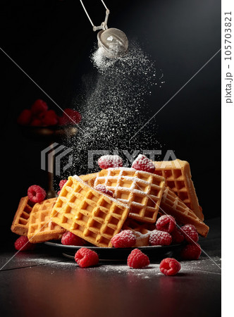 Belgian waffles with raspberries sprinkled with powdered sugar. Belgian waffles with raspberries sprinkled with powdered sugar. 105703821
