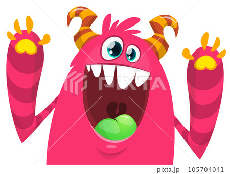 Funny cartoon monster character. Illustration of cute and happy mythical alien creature. Halloween design Funny cartoon monster character. Illustration of cute and happy mythical alien creature. Halloween design 105704041
