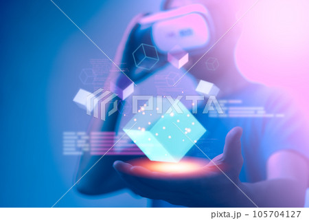 man wearing VR glasses virtual Global Internet connection, Blockchain and Internet of things Concept, Big Data, Metaverse technology Innovation of futuristic.future technology. 105704127