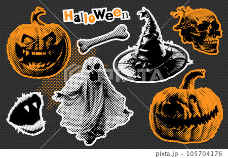 Halloween paper stickers with halftone collage elements. Halftone pumpkin, witch's hat, ghost, vampire's lips, skull bone collection. Trendy vintage vector illustration. 105704176