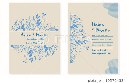 Minimalist trendy wedding invitation card design, watercolor blue line drawing on beige paper.Stylish invitation vector. 105704324