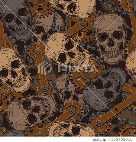 Brown camo pattern with skulls, gears, bike chain 105705016