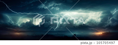 stormy sky and a powerful lightning that breaks...のイラスト素材 [105705497 ...
