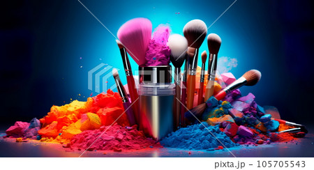 makeup brushes used for applying shadows, blush and highlighters. Generative AI 105705543