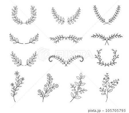 set of tree branches with leaves and flowers line style on white background 105705793