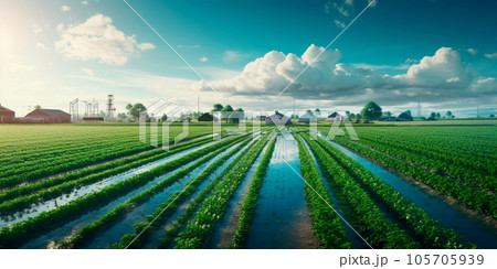 sprawling agricultural farm with fields of crops, tractors, and machinery involved in food production for a growing population.Generative AI 105705939