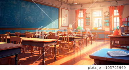 back to school background, showcasing a classroom setting with desks, chalkboards, and students engaged in learning. Generative Ai 105705949
