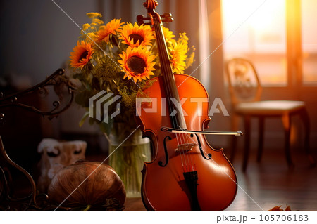 beautiful cello is decorated with a bouquet of sunflowers Generative AI 105706183