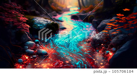 fairy-tale stream flowing through the forest, in which crystal water glows in multi-colored shades. 105706184