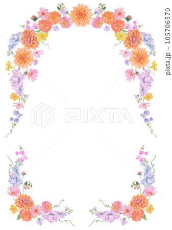 Watercolor botanical colourful frame of summer and autumn flowers: dahlia, zinnia, lathyrus, gillyflower, nasturtium. Good for wedding print products, paper, invitations, greetings, fabric, posters Watercolor botanical colourful frame of summer and autumn flowers: dahlia, zinnia, lathyrus, gillyflower, nasturtium. Good for wedding print products, paper, invitations, greetings, fabric, posters 105706570