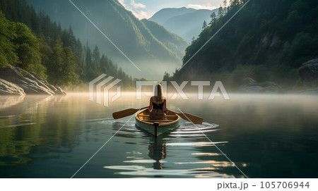 Woman paddling a canoe on a beautiful lake in the mountains at sunset with fog under water 105706944