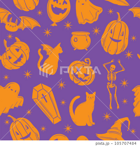 Halloween seamless pattern, vector Holiday spooky background, cartoon cute funny pumpkin, cat, stars 105707484