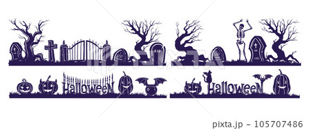 Halloween graveyard silhouette border set, vector cemetery fence background, spooky holiday decor.  105707486