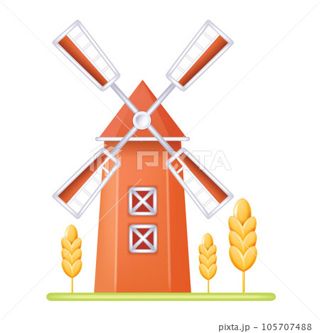 3D windmill farm Amsterdam icon, vector cartoon Holland mill, landscape tower object wheat spikelet. Bakery agriculture logo wooden rural building, village country harvest concept. Windmill clipart 105707488