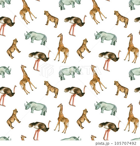 Seamless pattern. Animals of Africa: giraffe, rhinoceros, spotted hyena, ostrich, monkeys hand-painted in watercolor. Suitable for printing on fabric and paper, for the design of books and magazines 105707492