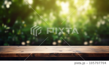 wooden table stage background and nature green blur bokeh 105707704