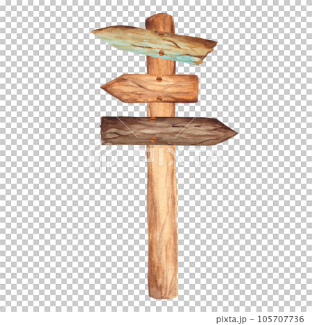 Old wooden signpost with arrows trafic signs isolated on white background. Hand drawn watercolor illustration. 105707736