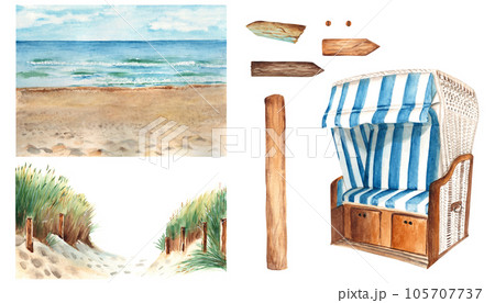 Watercolor Baltic sea set. Baltic sea beach with sand dunes, ostsee panorama, arrows trafic signs for signpost, hooded beach chair. Watercolor Baltic sea set. Baltic sea beach with sand dunes, ostsee panorama, arrows trafic signs for signpost, hooded beach chair. 105707737