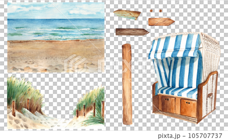 Watercolor Baltic sea set. Baltic sea beach with sand dunes, ostsee panorama, arrows trafic signs for signpost, hooded beach chair. Watercolor Baltic sea set. Baltic sea beach with sand dunes, ostsee panorama, arrows trafic signs for signpost, hooded beach chair. 105707737
