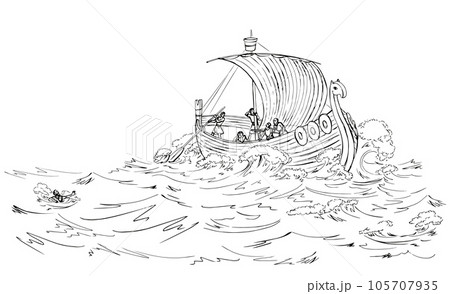 Vector drawing. Sailors on a ship in a storm Vector drawing. Sailors on a ship in a storm 105707935