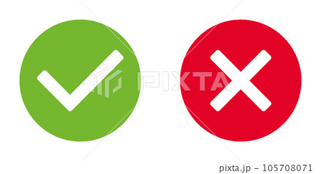 green tick and red x in circle, OK check mark and X cross icon symbol, vector illustration 105708071
