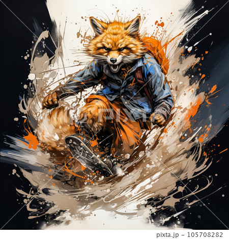 Fashionable fox hipster jumping on skateboard watercolor 105708282