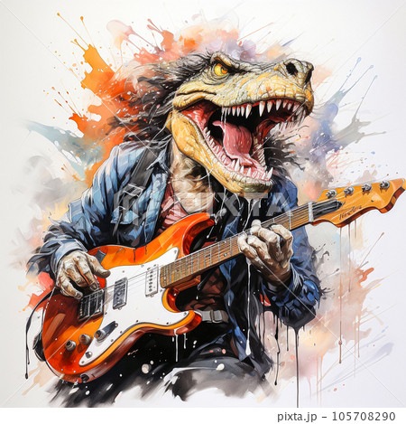 Tyrannosaurus Rex Rocker plays watercolor guitarのイラスト素材 [105708290] - PIXTA