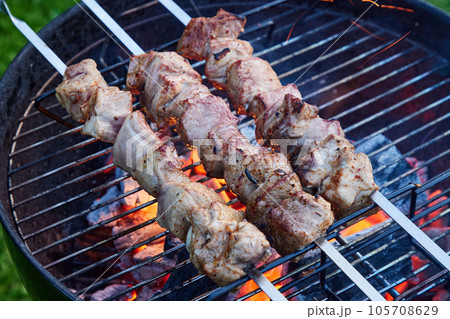 grilled marinated pork meat skewers grilled marinated pork meat skewers 105708629