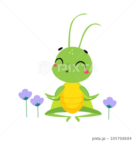 Cute Green Grasshopper Character Sit in Lotus Pose Meditate Vector Illustration 105708684