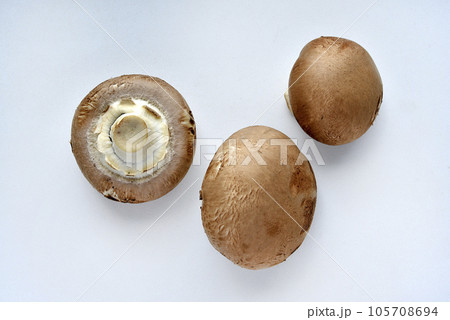 Mushrooms on a white background. Edible mushrooms from the store. Beautiful mushrooms. 105708694