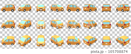 自動車のイラスト素材　デフォルメ　コンパクトカー　5ドアハッチバック　山吹色　24点セット 105708874