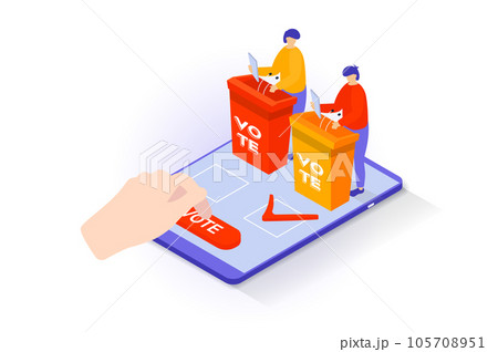 Election and voting concept in 3d isometric design. People vote online and choose political candidate, politicians hold debates and campaigns. Vector illustration with isometry scene for web graphic 105708951