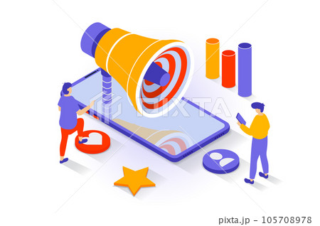 Business and marketing concept in 3d isometric design. People creating online promotion strategy, creating advertising for social networks. Vector illustration with isometry scene for web graphic Business and marketing concept in 3d isometric design. People creating online promotion strategy, creating advertising for social networks. Vector illustration with isometry scene for web graphic 105708978
